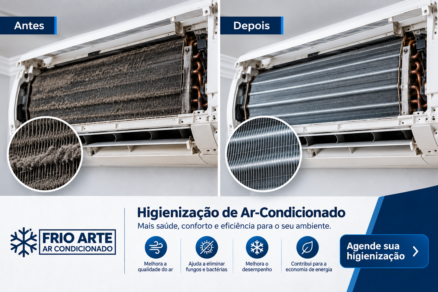 Resultado antes e depois da higienização de ar-condicionado realizada pela Frio Arte