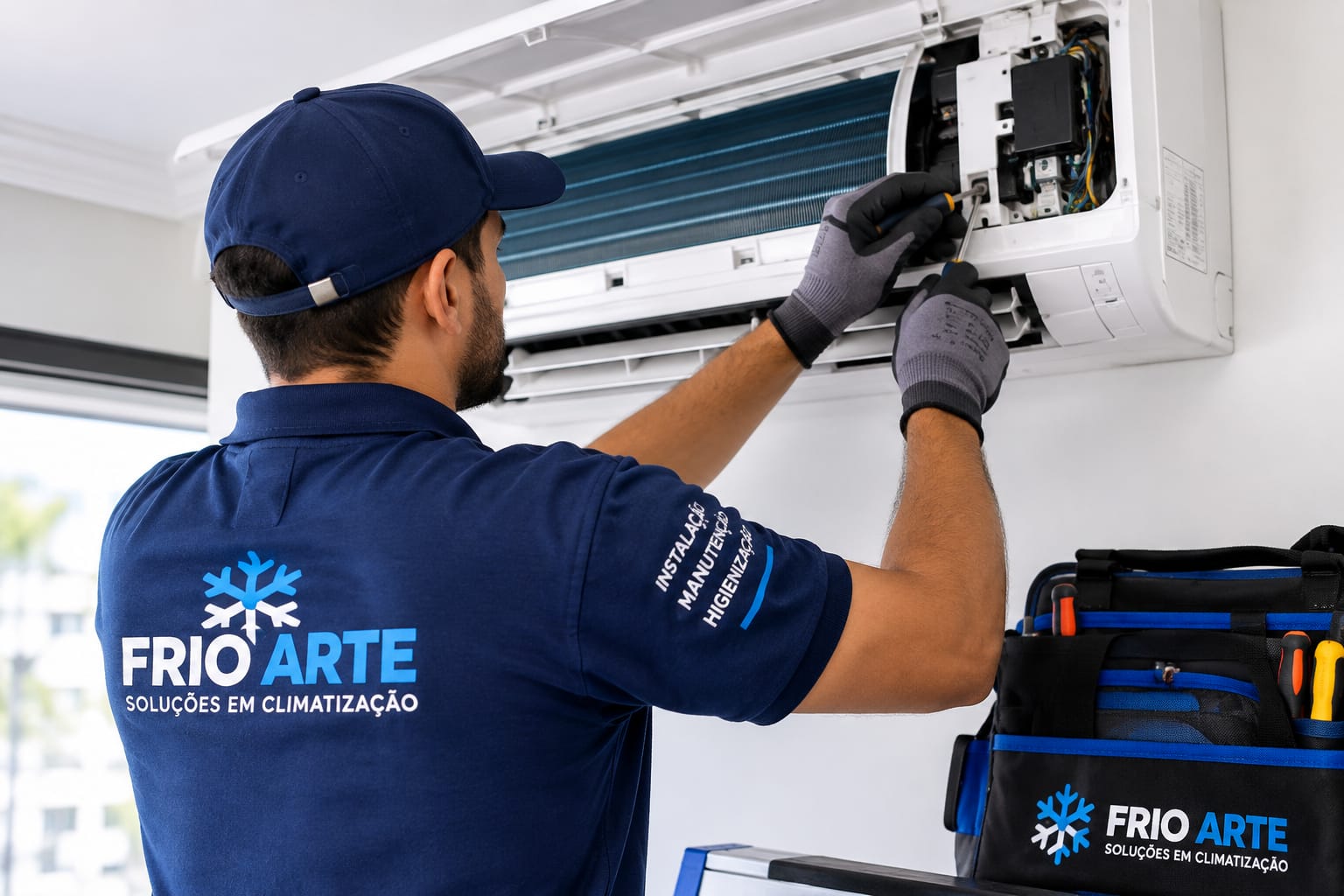 Técnico da Frio Arte realizando a instalação de um ar-condicionado